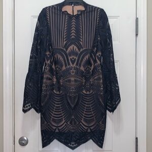 Night way size 10 petite navy embroidered dress over nude lining